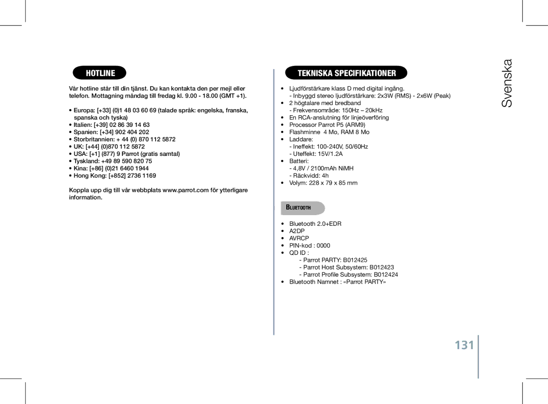 Parrot PF520130AA user manual 131, Tekniska specifikationer 