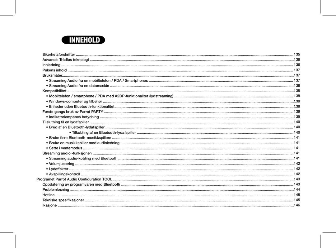 Parrot PF520130AA user manual Innehold 