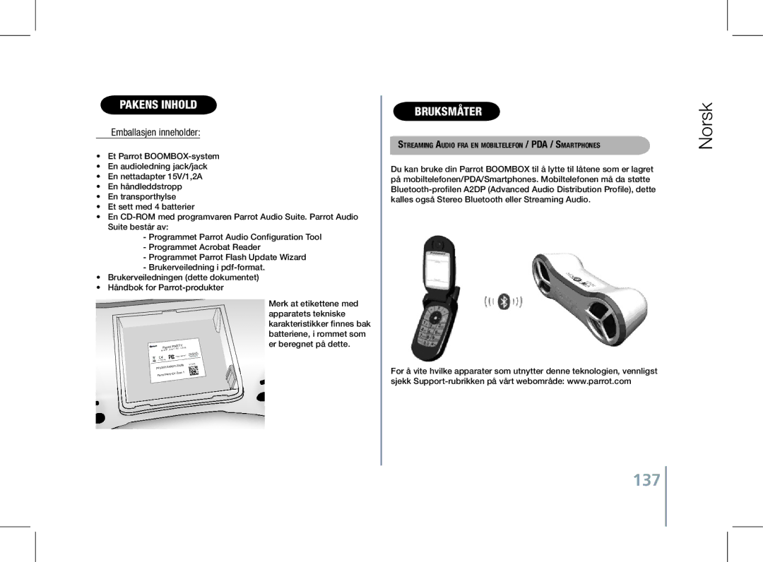 Parrot PF520130AA user manual 137, Pakens inhold, Bruksmåter, Emballasjen inneholder 