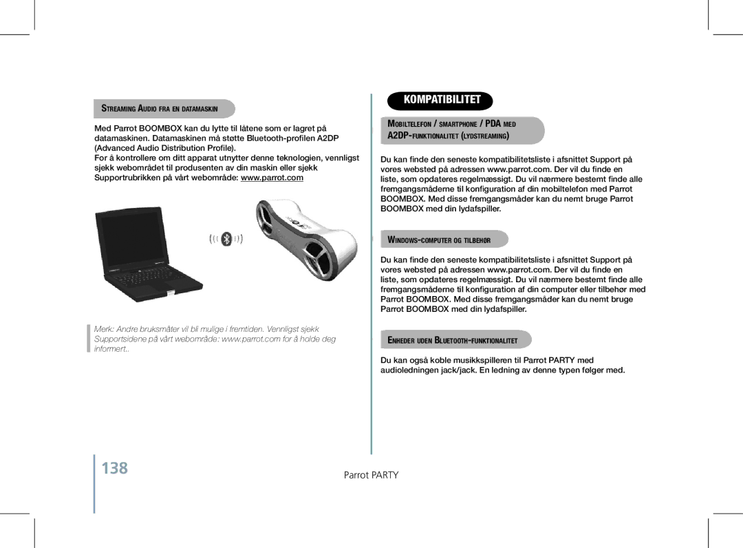 Parrot PF520130AA user manual 138, Streaming Audio fra en datamaskin 