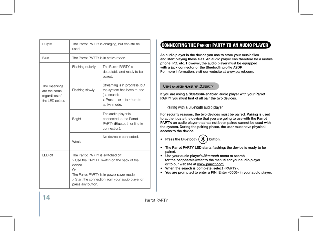 Parrot PF520130AA user manual Connecting the Parrot Party to an audio player, Pairing with a Bluetooth audio player 