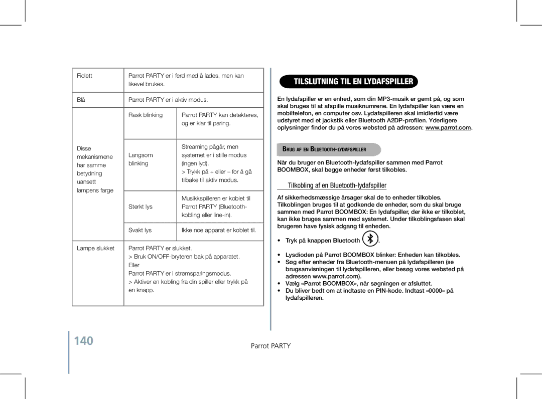 Parrot PF520130AA user manual 140, Tilslutning til en lydafspiller 