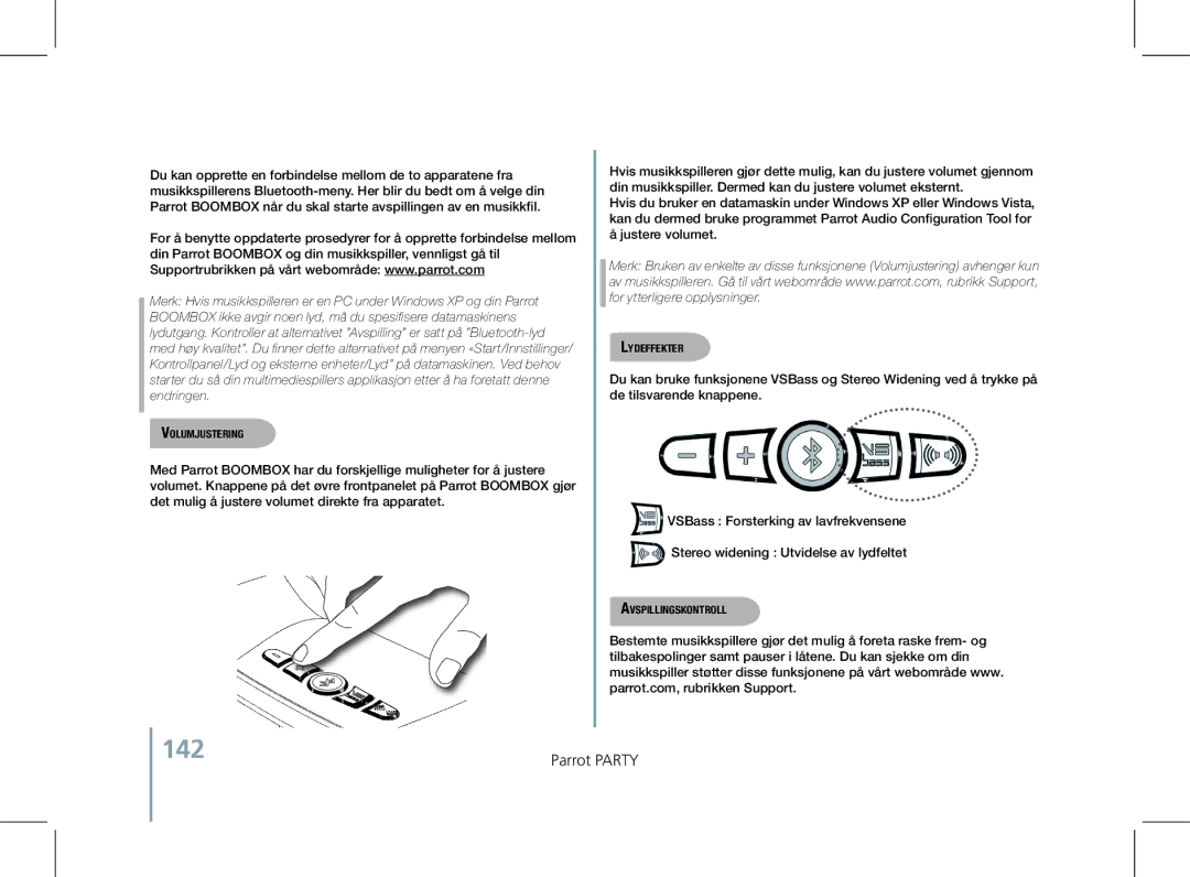 Parrot PF520130AA user manual 142, Volumjustering, Avspillingskontroll 