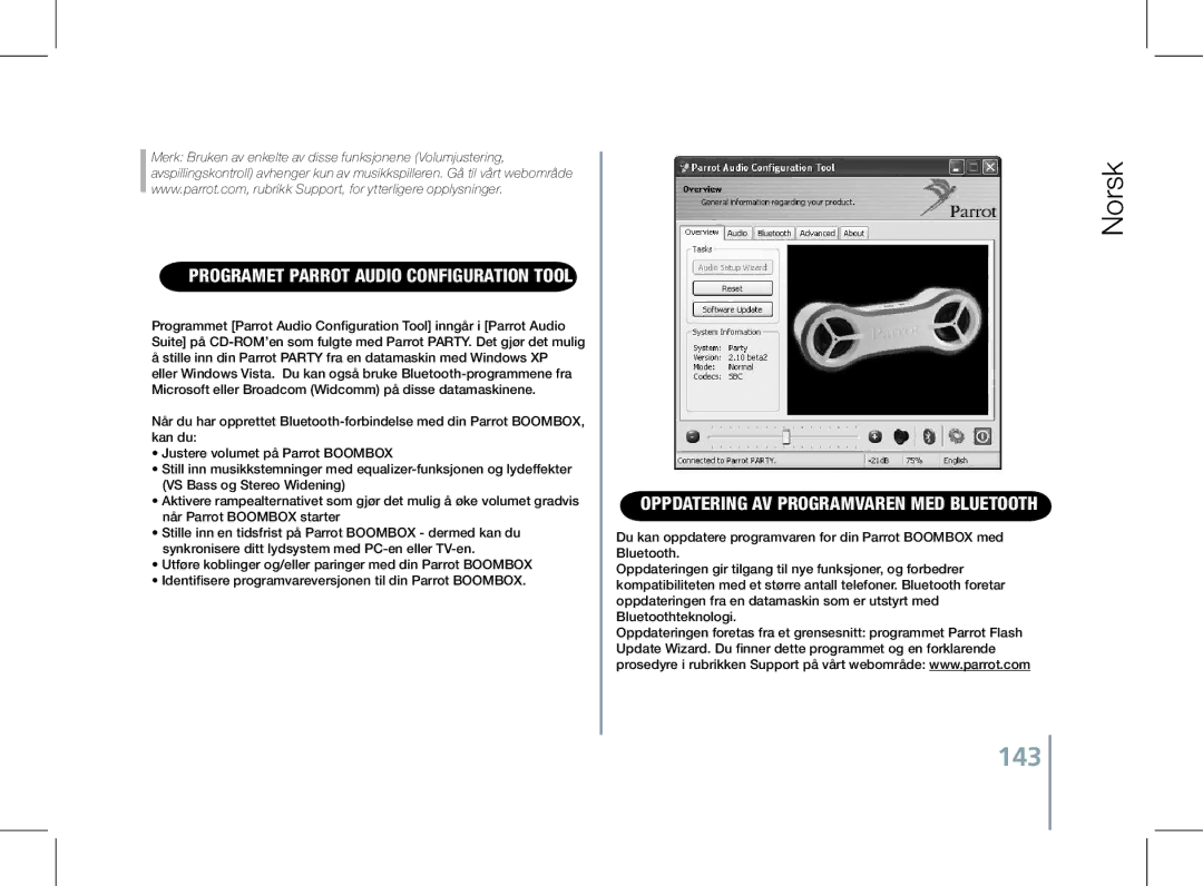 Parrot PF520130AA user manual 143, Programet Parrot Audio Configuration Tool, Oppdatering av programvaren med Bluetooth 