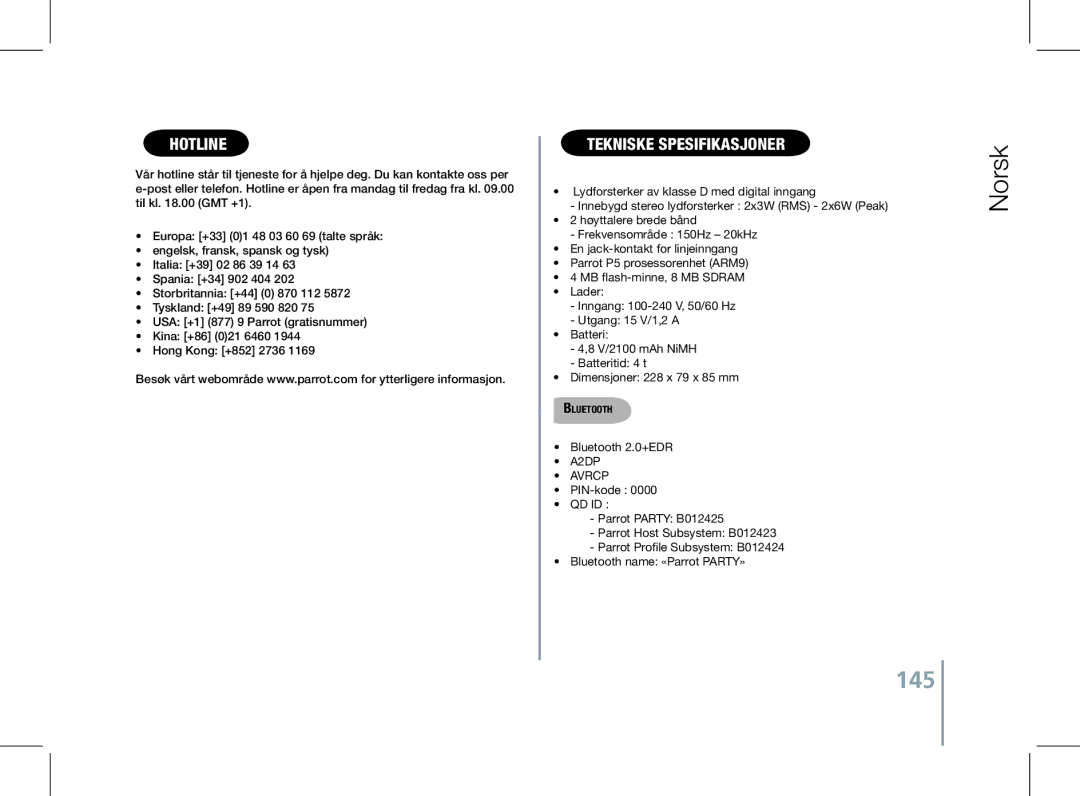 Parrot PF520130AA user manual 145, Tekniske spesifikasjoner 