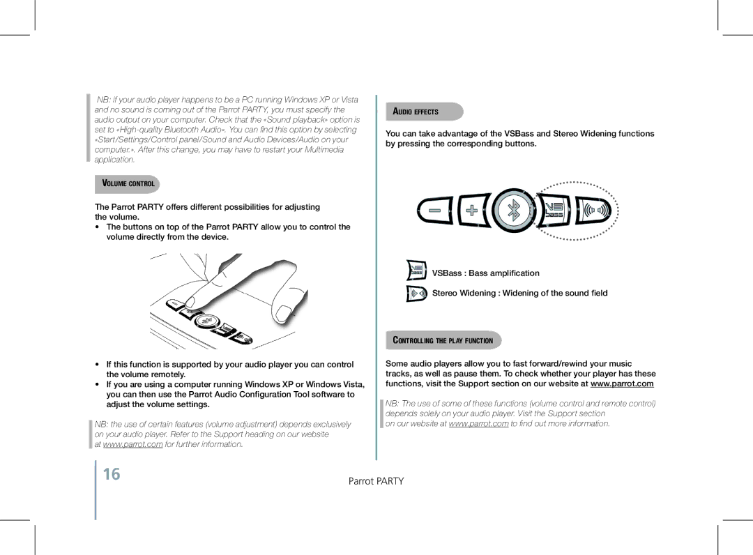 Parrot PF520130AA user manual Volume control, Audio effects, Controlling the play function 