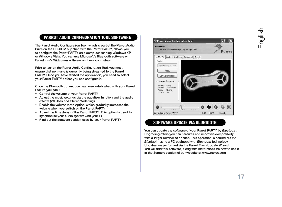 Parrot PF520130AA user manual Parrot Audio Configuration Tool software, Software update via Bluetooth 