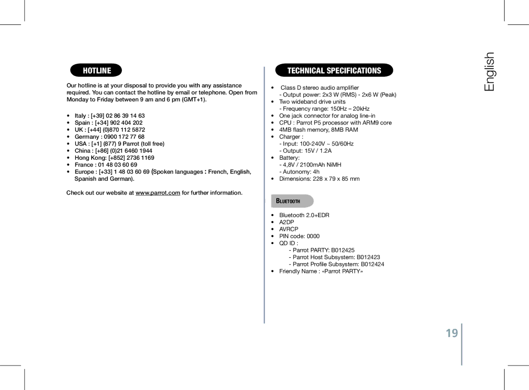 Parrot PF520130AA user manual Hotline, Technical specifications, Bluetooth 