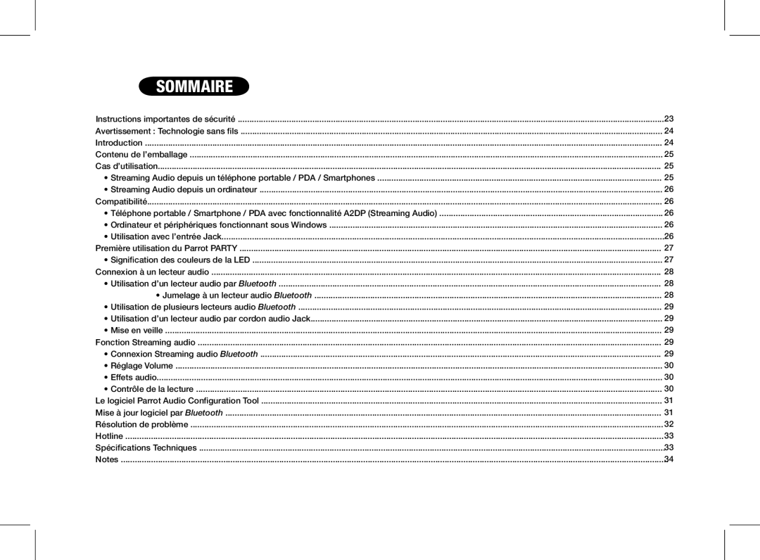 Parrot PF520130AA user manual Sommaire 