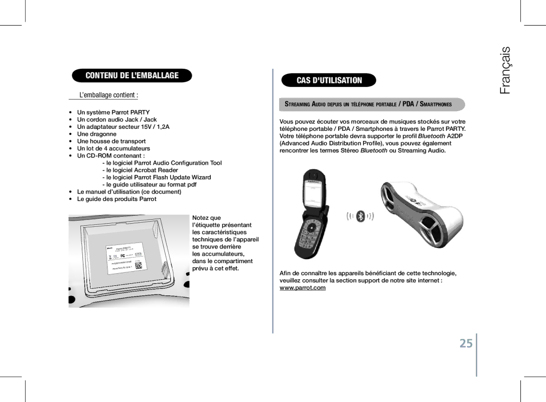 Parrot PF520130AA user manual Contenu de l’emballage, Cas dutilisation, ’emballage contient 