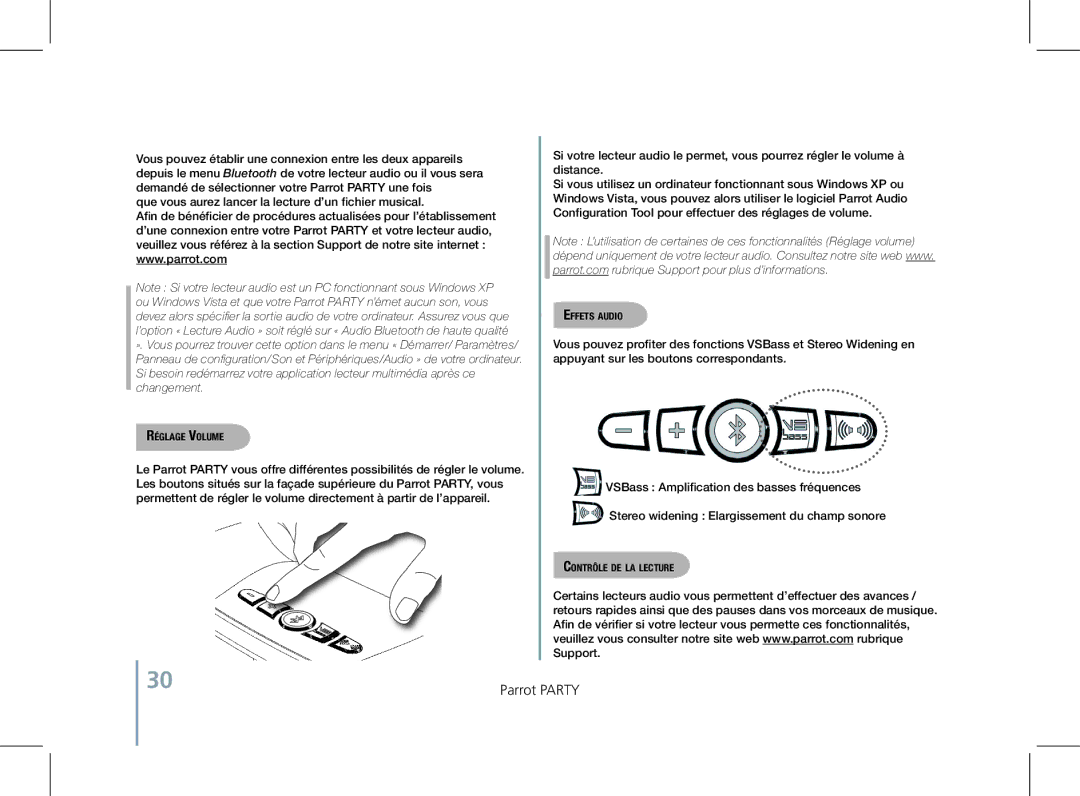 Parrot PF520130AA user manual Réglage Volume, Effets audio, Contrôle de la lecture 