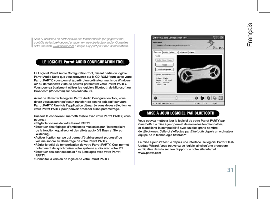 Parrot PF520130AA user manual Le logiciel Parrot Audio Configuration Tool, Mise à jour logiciel par Bluetooth 