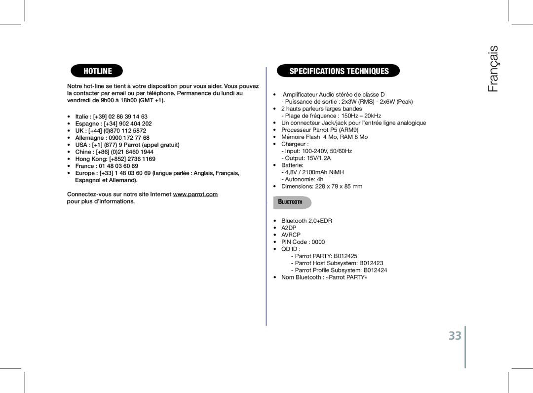 Parrot PF520130AA user manual Hotline, Specifications Techniques 