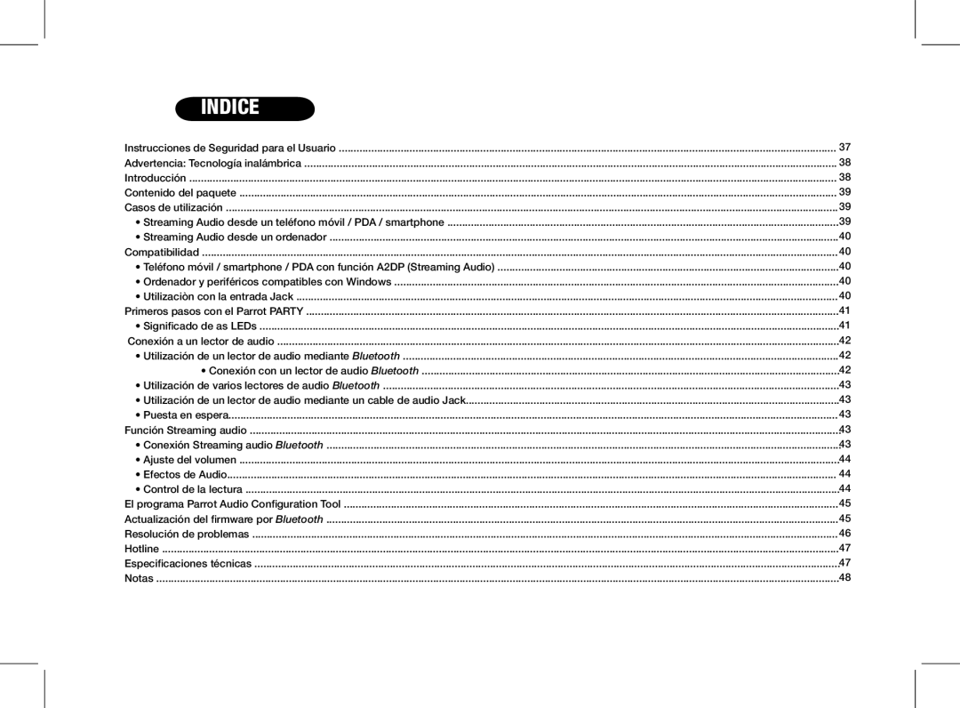 Parrot PF520130AA user manual Indice 