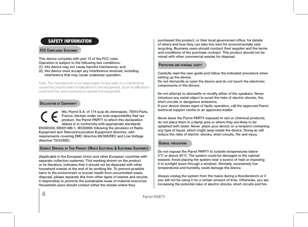 Parrot PF520130AA FCC Compliance Statement, Declaration of Conformity, Protection and personal safety, General precautions 