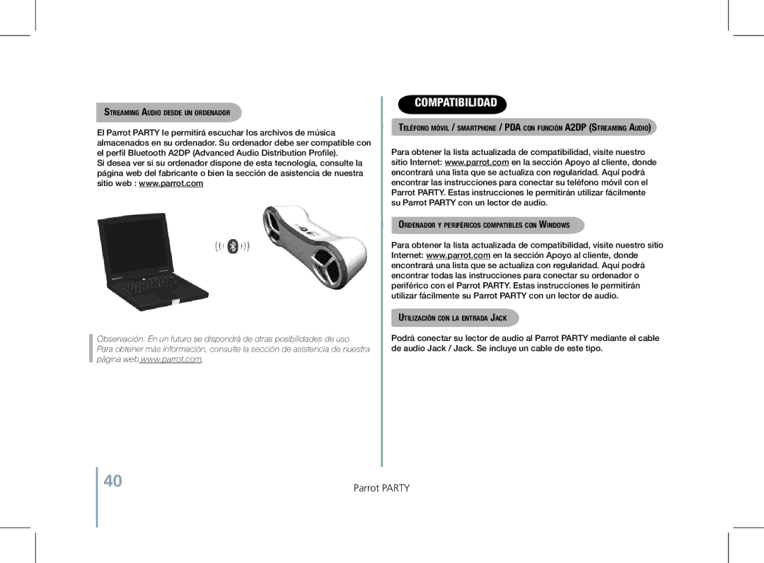 Parrot PF520130AA user manual CompatibiliDAD, Streaming Audio desde un ordenador 