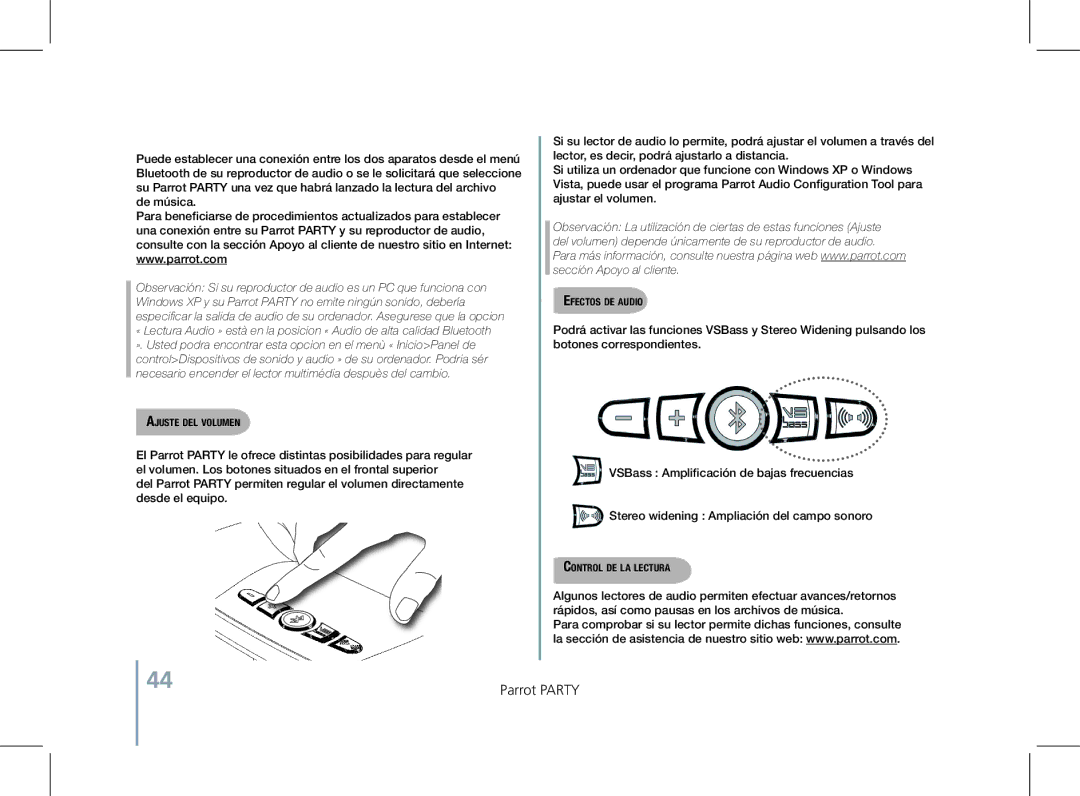 Parrot PF520130AA user manual Ajuste del volumen, Efectos de audio, Control de la lectura 