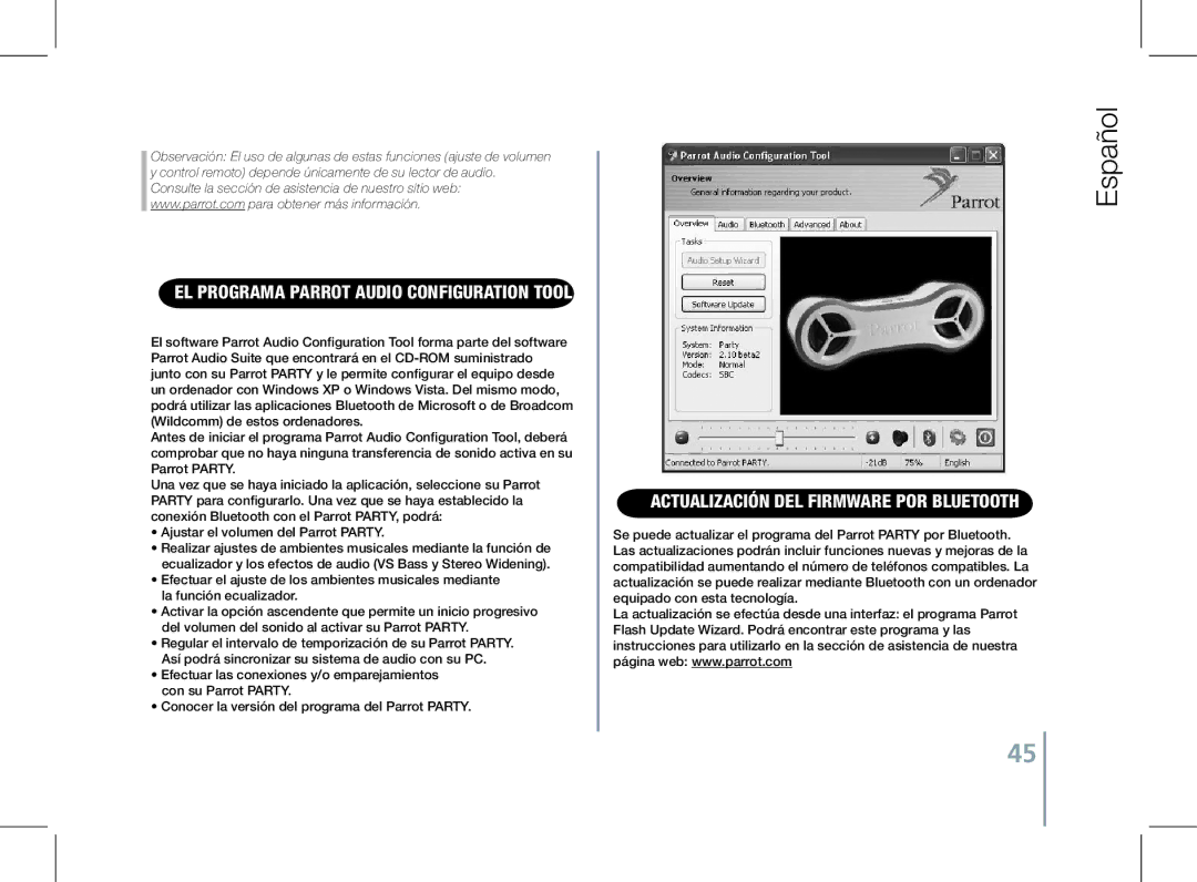 Parrot PF520130AA user manual El programa ParRot Audio Configuration Tool, Actualización del firmware por Bluetooth 