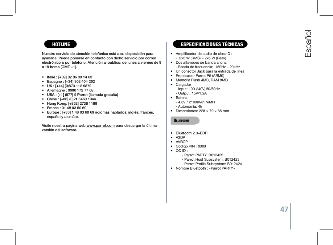 Parrot PF520130AA user manual Hotline, ESpecificaciones Técnicas 