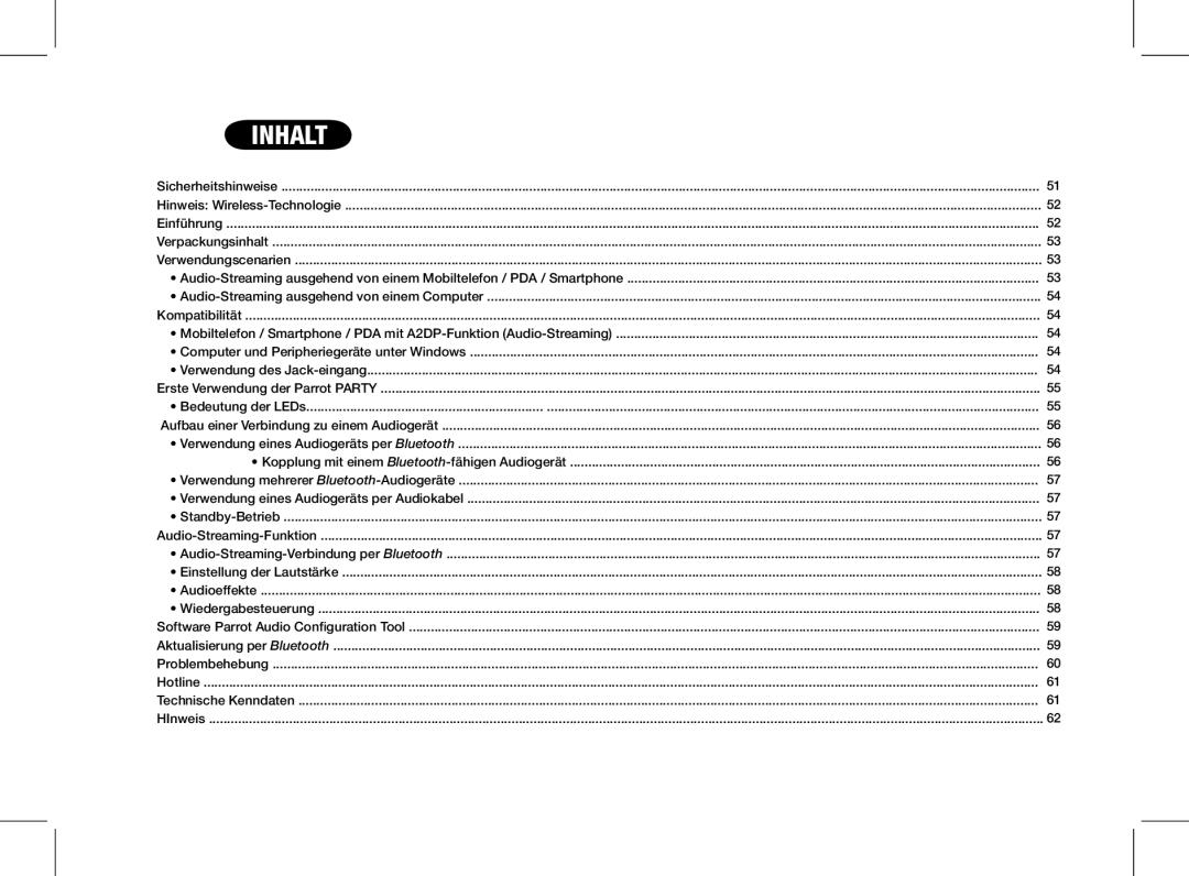 Parrot PF520130AA user manual Inhalt 