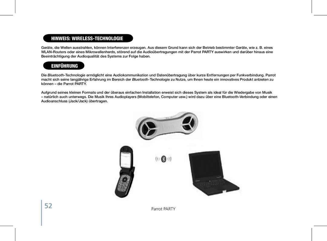 Parrot PF520130AA user manual Hinweis Wireless-Technologie, Einführung 