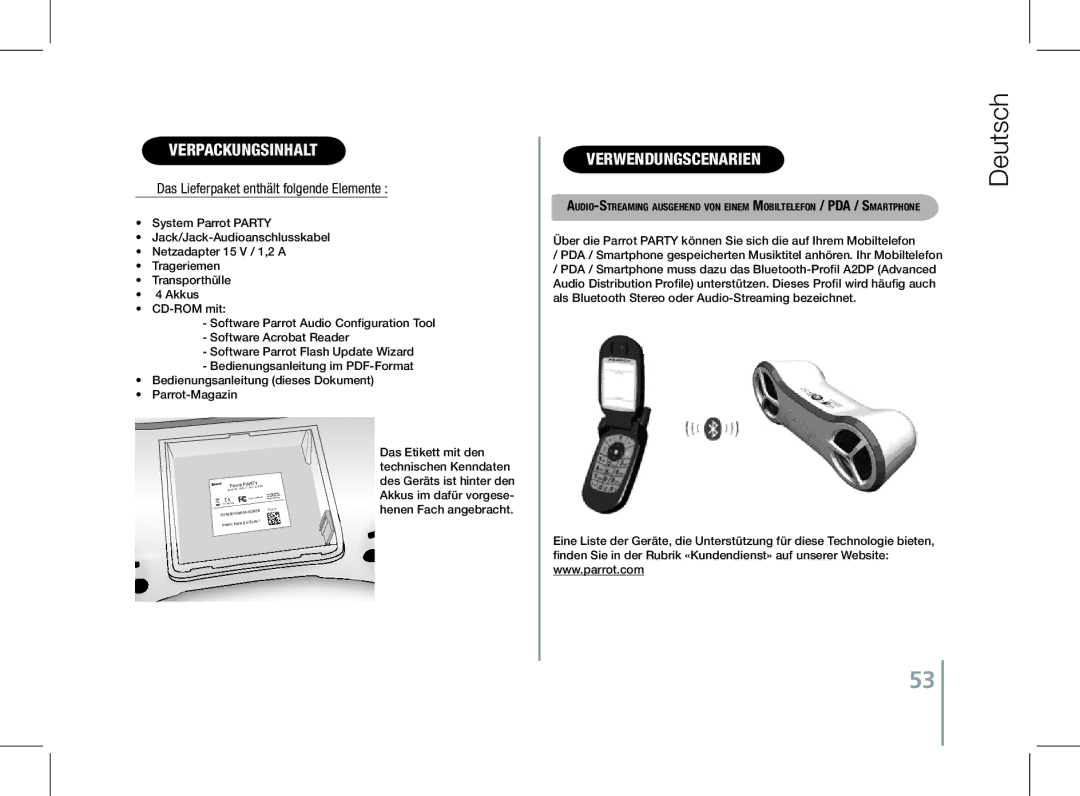 Parrot PF520130AA user manual Verpackungsinhalt, Verwendungscenarien, Das Lieferpaket enthält folgende Elemente 