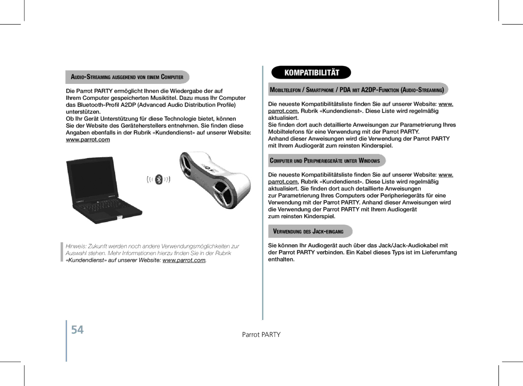 Parrot PF520130AA user manual Kompatibilität, Audio-Streaming ausgehend von einem Computer, Verwendung des Jack-eingang 