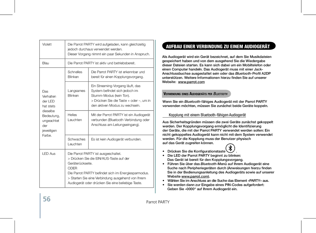 Parrot PF520130AA user manual Aufbau einer Verbindung zu einem Audiogerät, Kopplung mit einem Bluetooth-fähigen Audiogerät 