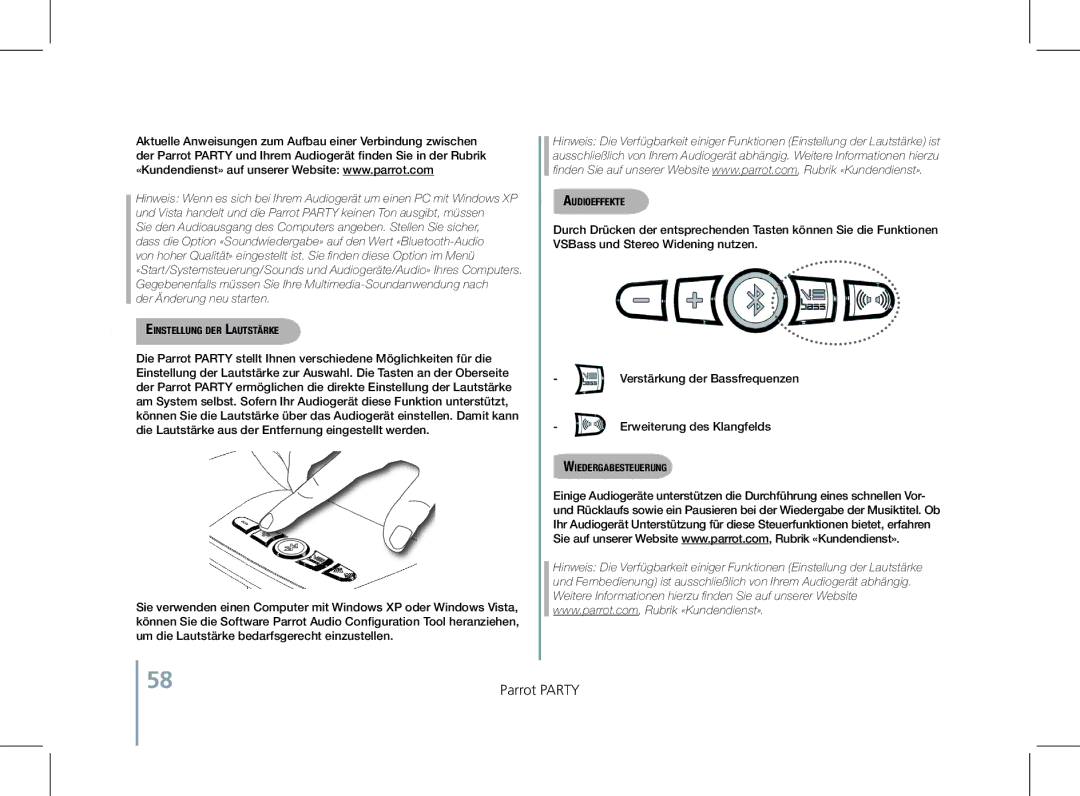 Parrot PF520130AA user manual Einstellung der Lautstärke, Audioeffekte, Wiedergabesteuerung 