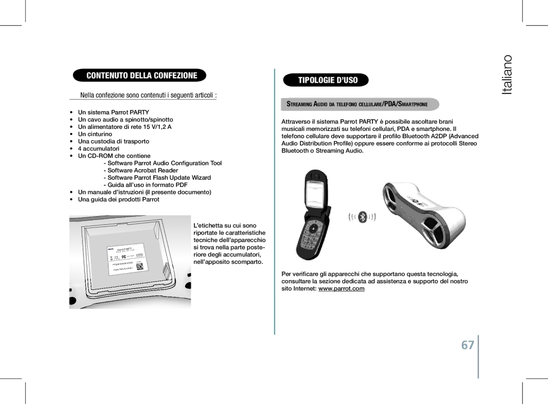 Parrot PF520130AA Contenuto della confezione, Tipologie d’uso, Nella confezione sono contenuti i seguenti articoli 