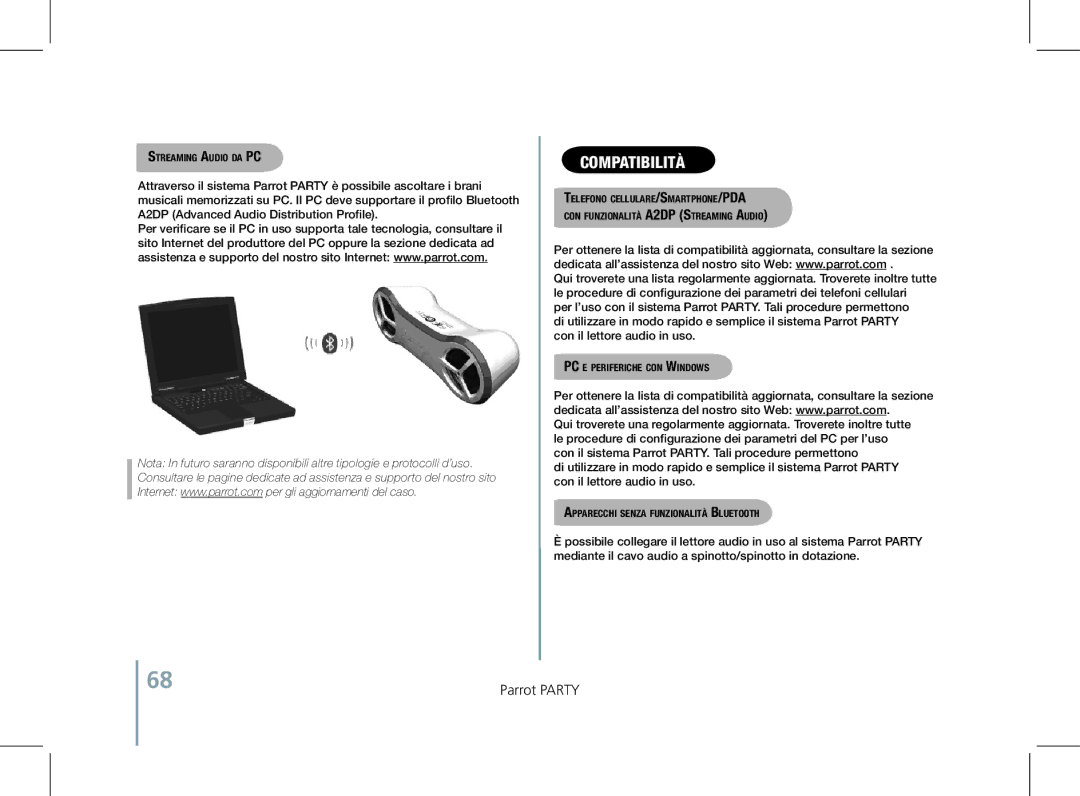 Parrot PF520130AA user manual Compatibilità, Streaming Audio da PC, PC e periferiche con Windows 