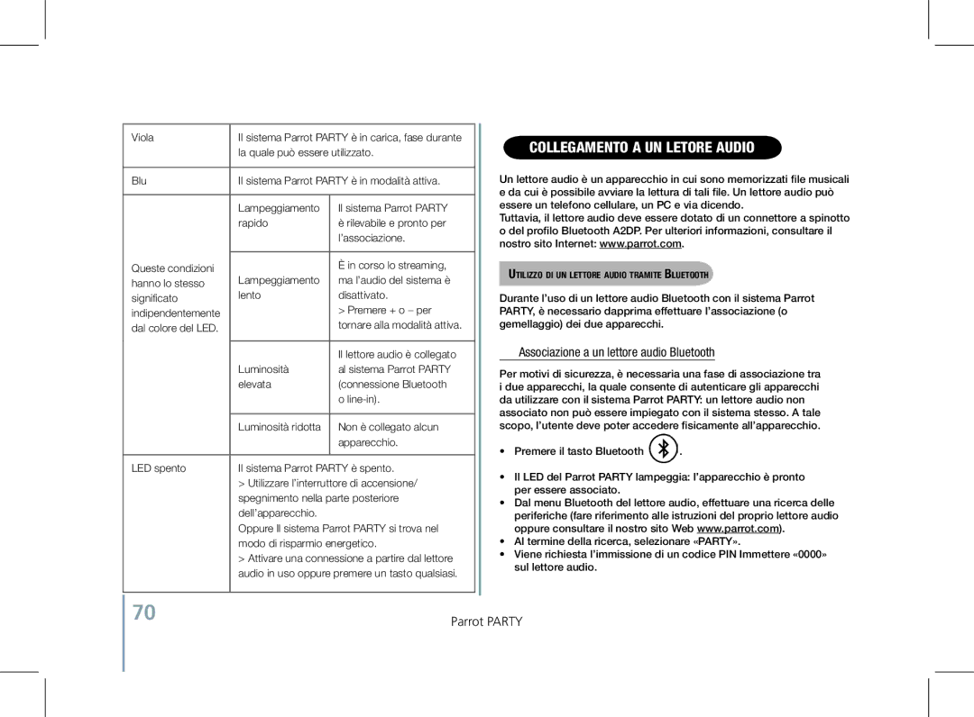 Parrot PF520130AA user manual Collegamento a un letore audio, Associazione a un lettore audio Bluetooth 