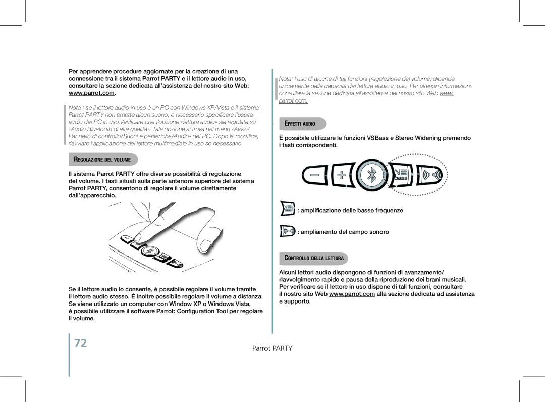 Parrot PF520130AA user manual Regolazione del volume, Effetti audio, Controllo della lettura 