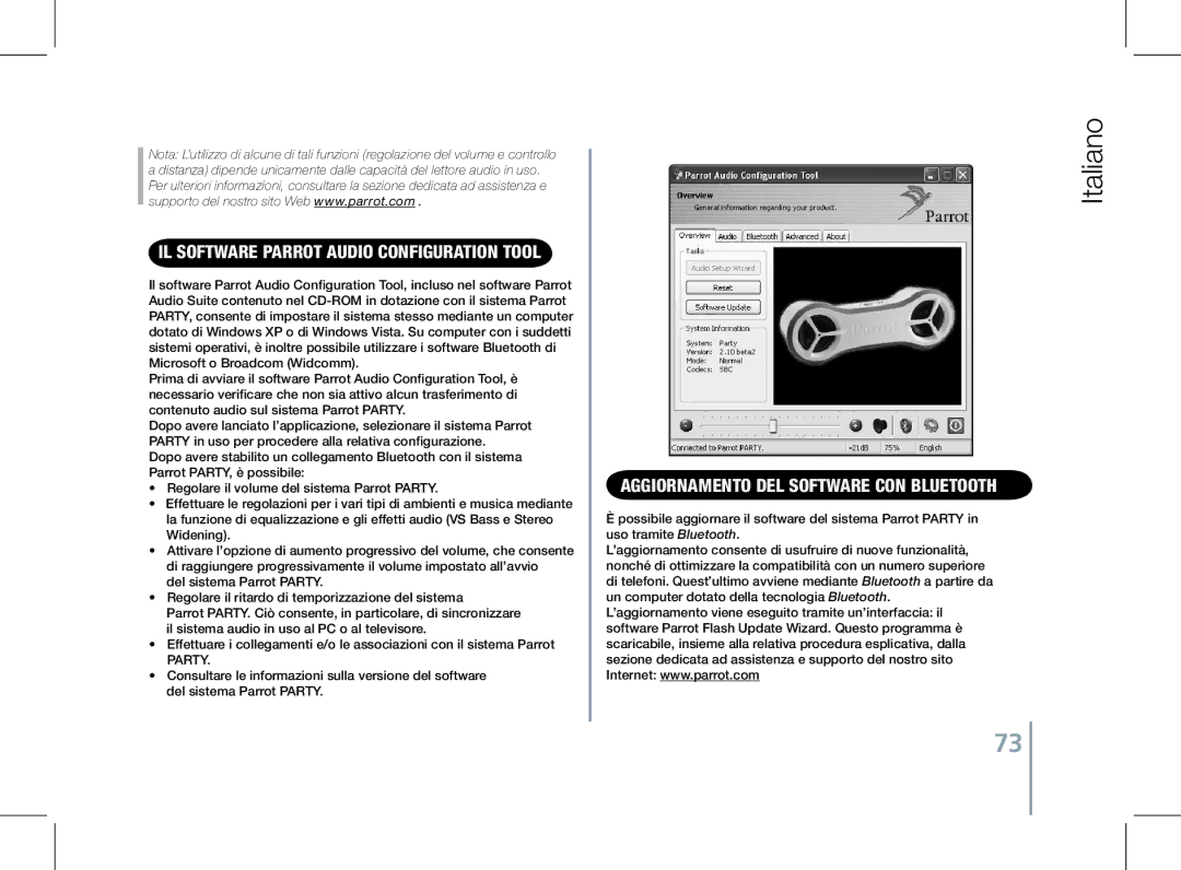 Parrot PF520130AA user manual Il software ParRot Audio Configuration Tool, Aggiornamento del software con Bluetooth 