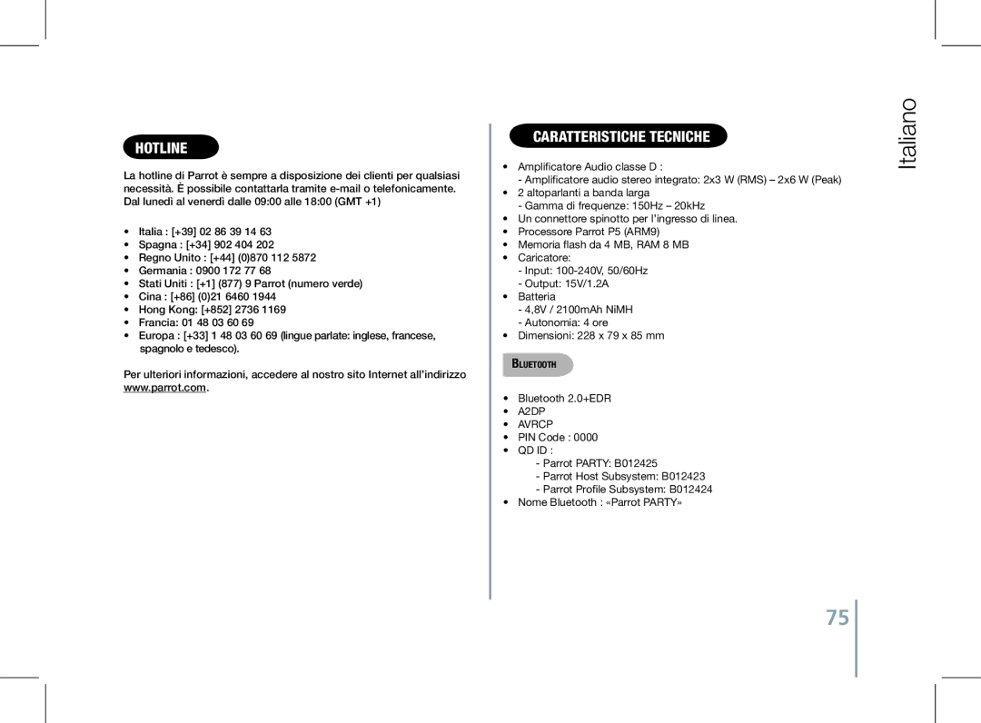 Parrot PF520130AA user manual Hotline, Caratteristiche tecniche 