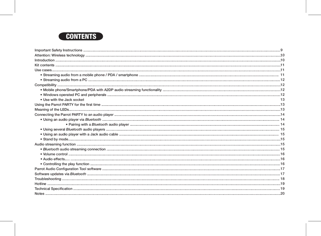 Parrot PF520130AA user manual Contents 