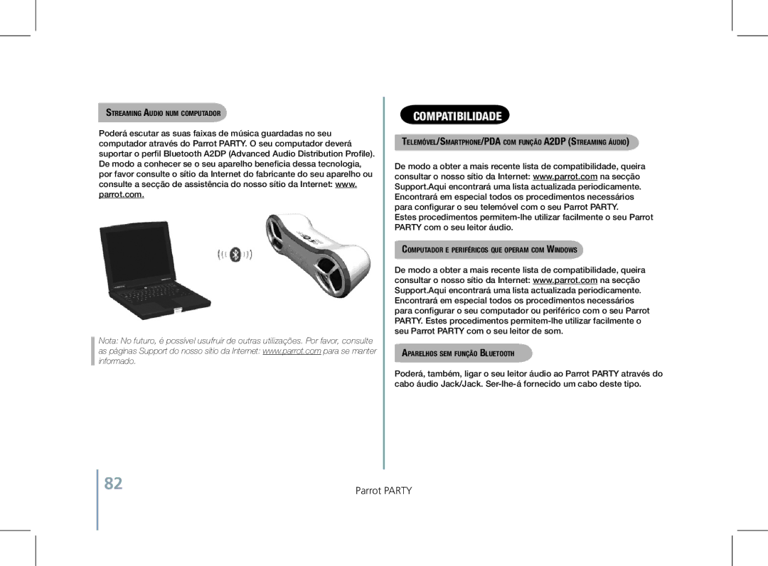 Parrot PF520130AA user manual Compatibilidade, Streaming Audio num computador 