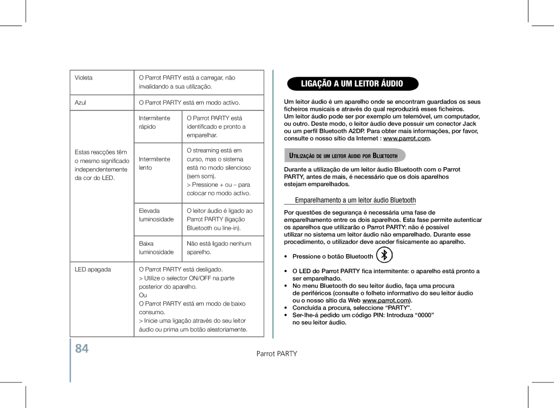 Parrot PF520130AA user manual Ligação a um leitor áuDIO, Emparelhamento a um leitor áudio Bluetooth 