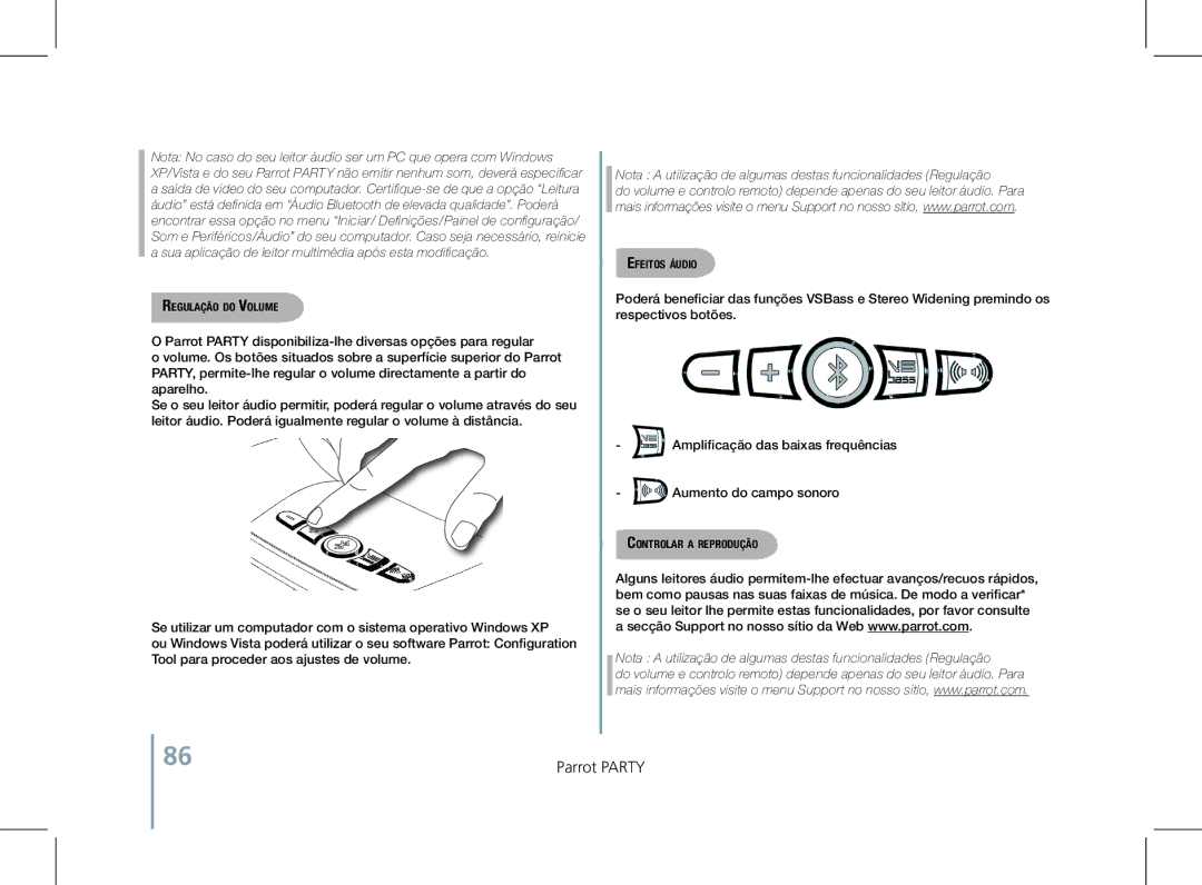 Parrot PF520130AA user manual Regulação do Volume, Efeitos áudio, Controlar a reprodução 