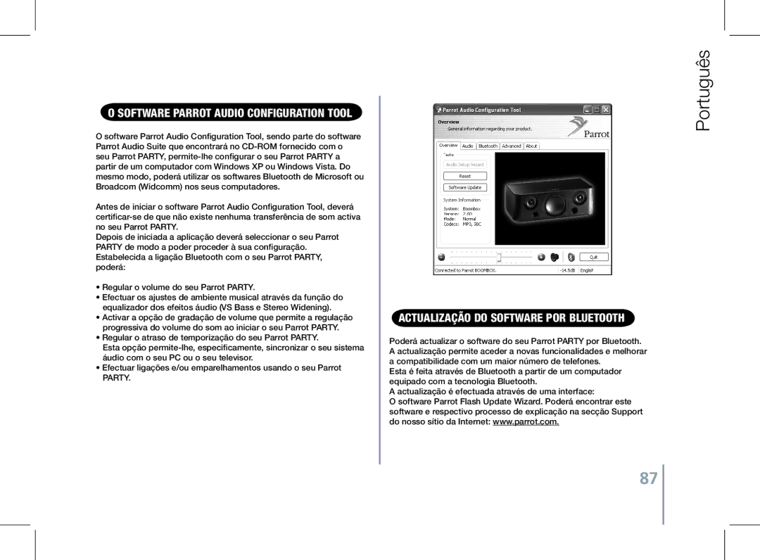 Parrot PF520130AA user manual Software PaRrot Audio Configuration Tool, Actualização do software por Bluetooth 