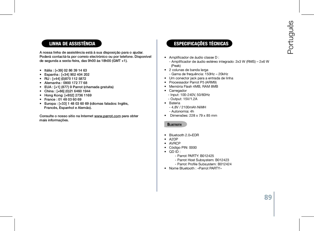 Parrot PF520130AA user manual Linha de Assistência, ESpecificações Técnicas 