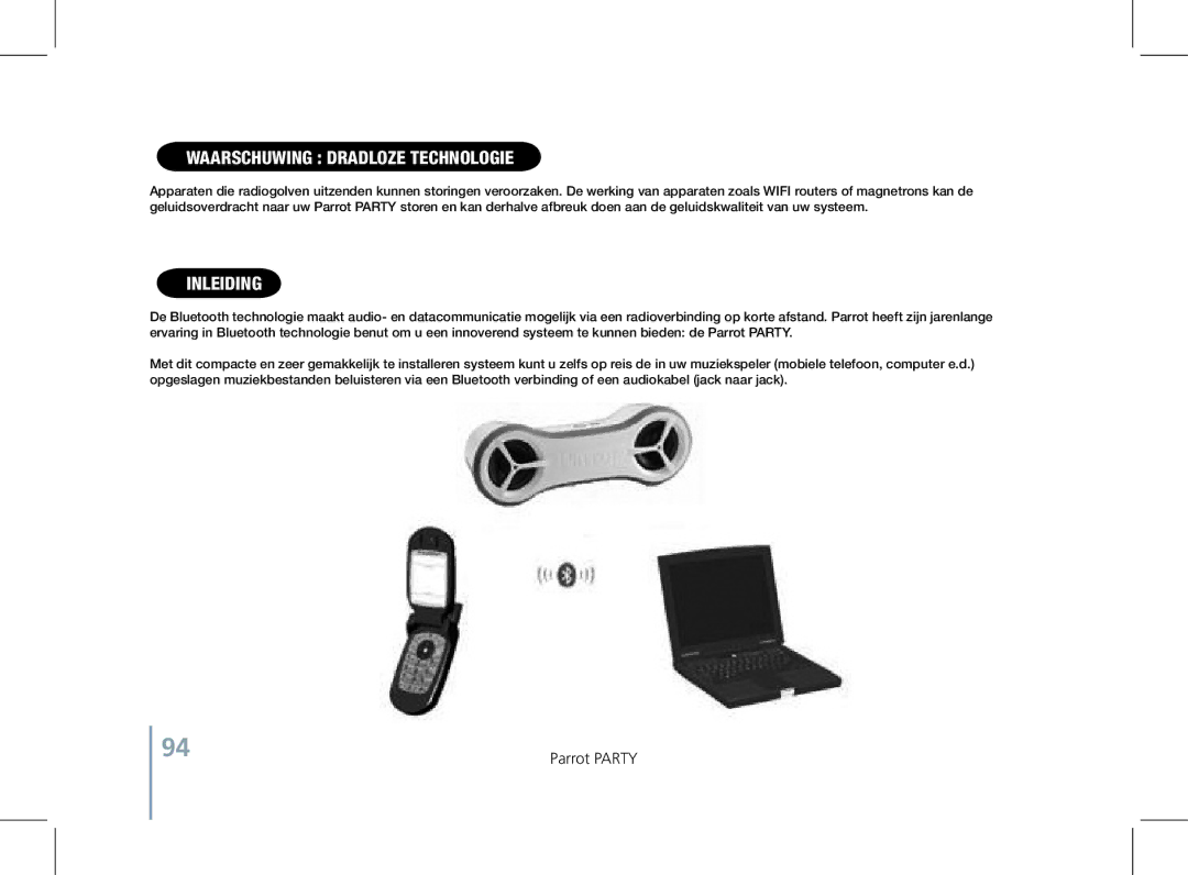 Parrot PF520130AA user manual Waarschuwing Dradloze technologie, Inleiding 