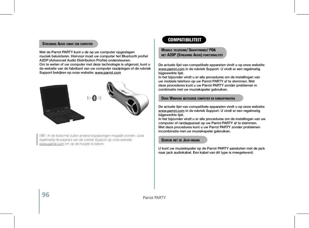 Parrot PF520130AA Compatibiliteit, Streaming Audio vanaf een computer, Door Windows bestuurde computer en randapparaten 