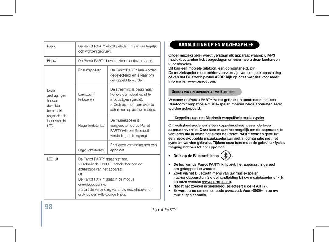 Parrot PF520130AA user manual Aansluiting op en muziekspeler, Koppeling aan een Bluetooth compatibele muziekspeler 