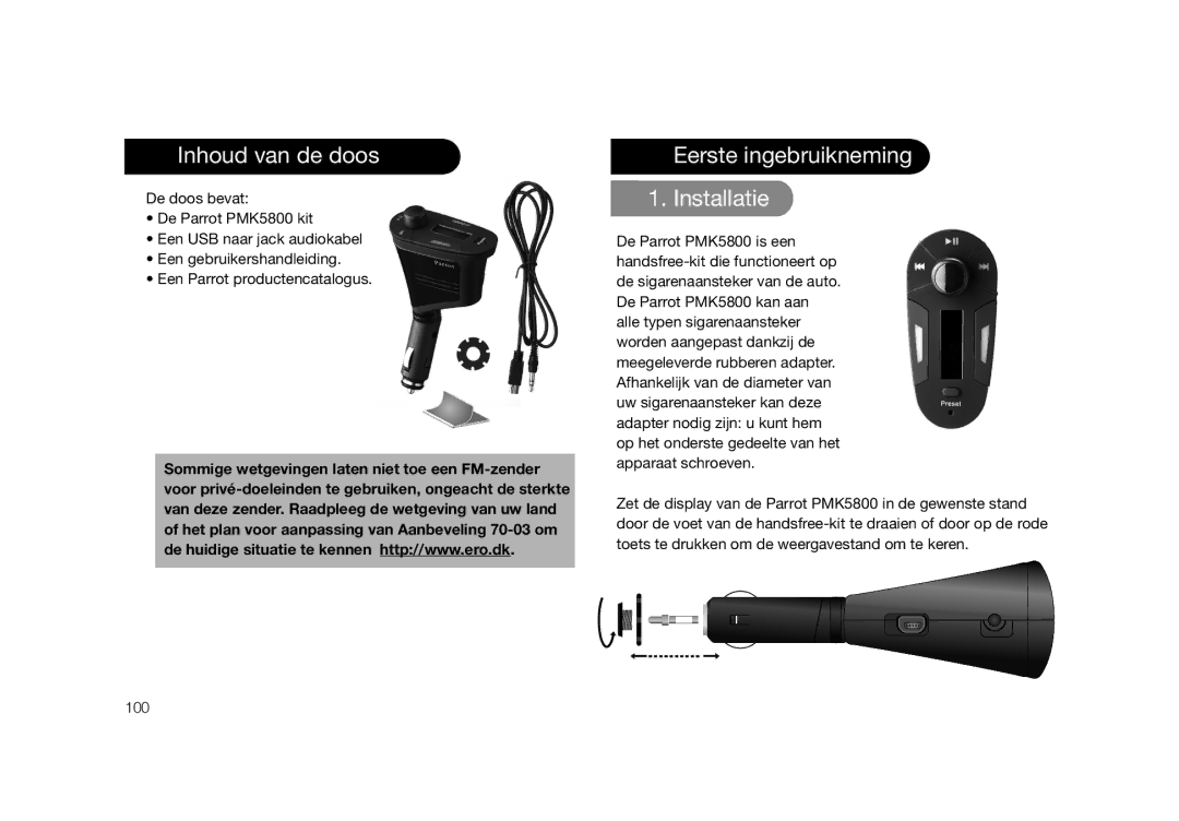 Parrot PMK5800 user manual Inhoud van de doos, Eerste ingebruikneming Installatie 