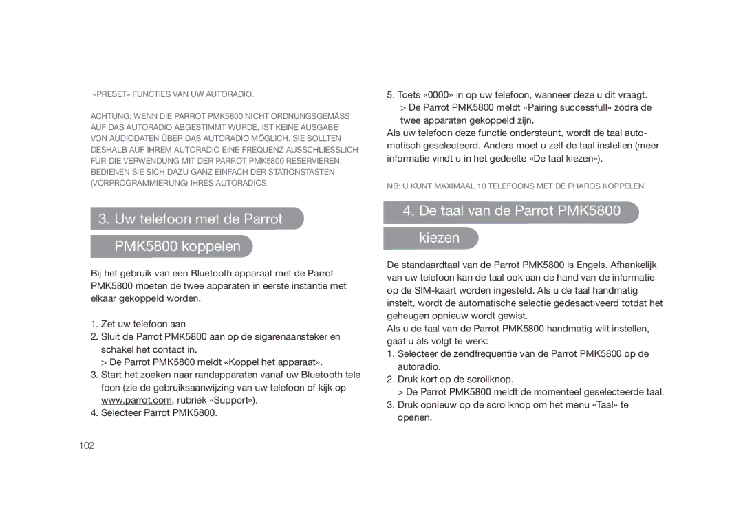 Parrot user manual Uw telefoon met de Parrot PMK5800 koppelen, De taal van de Parrot PMK5800 kiezen 