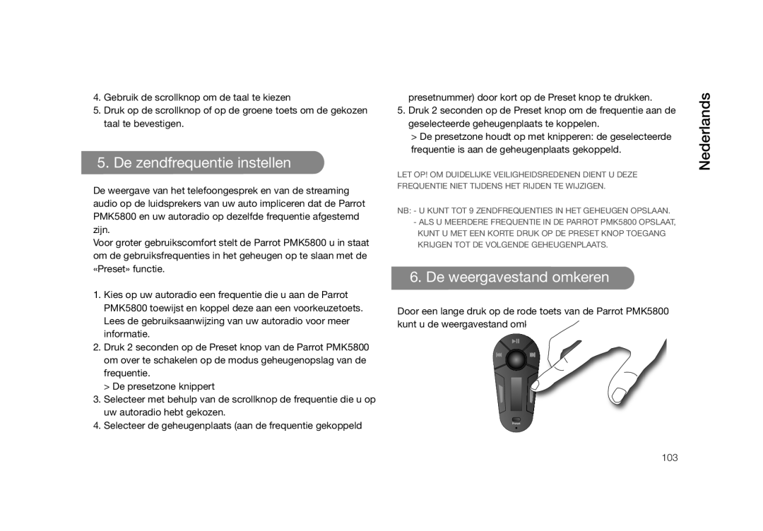 Parrot PMK5800 user manual De zendfrequentie instellen, De weergavestand omkeren, Nederlands 