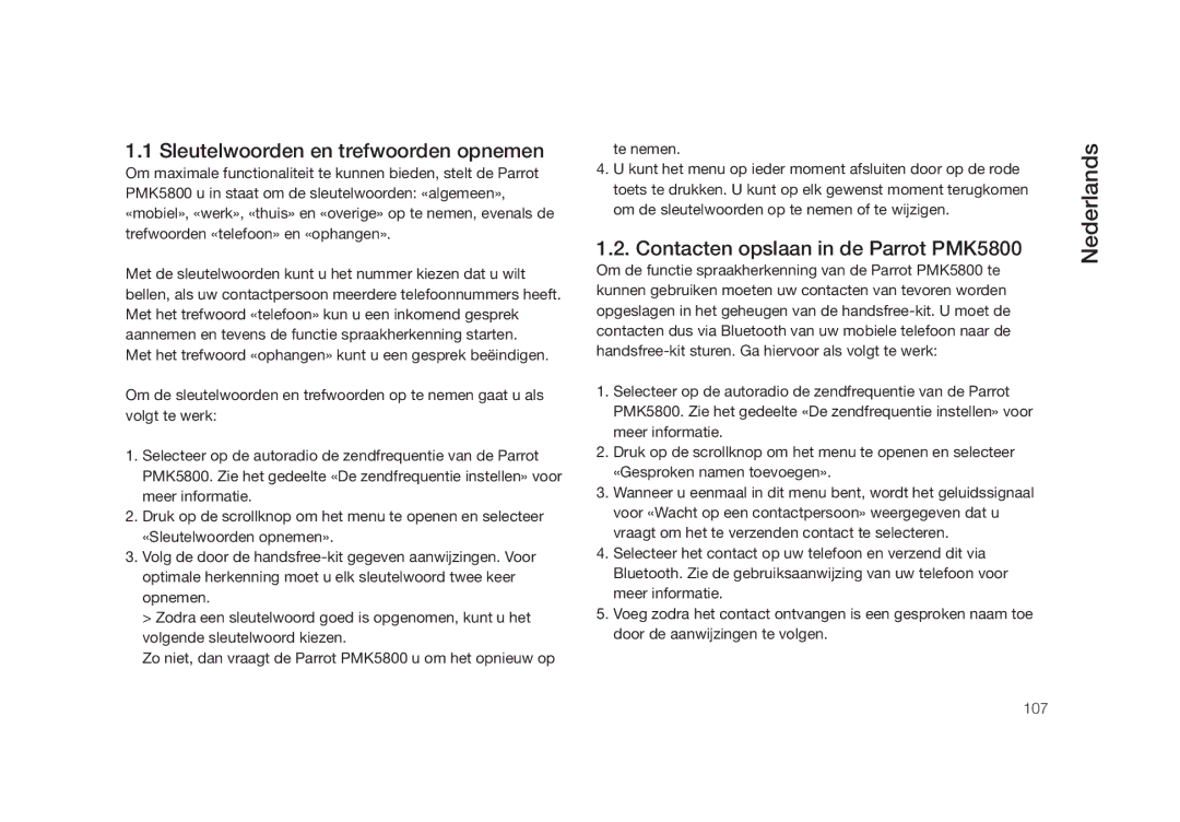 Parrot user manual Sleutelwoorden en trefwoorden opnemen, Contacten opslaan in de Parrot PMK5800 