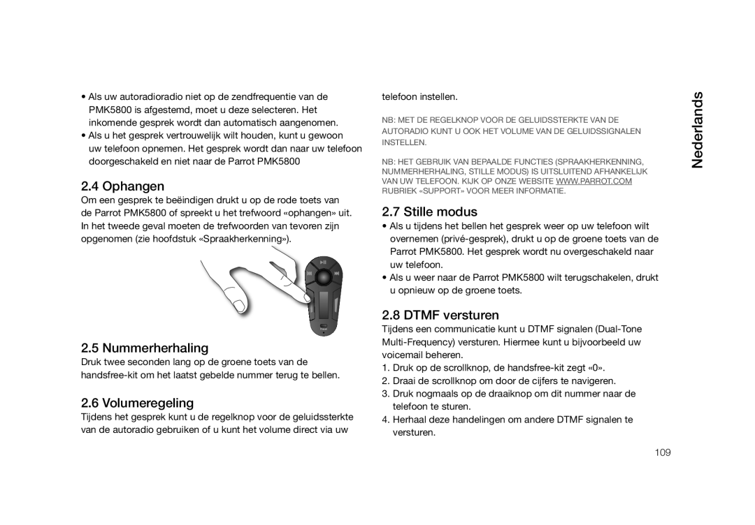 Parrot PMK5800 user manual Ophangen, Nummerherhaling, Volumeregeling, Stille modus, Dtmf versturen 