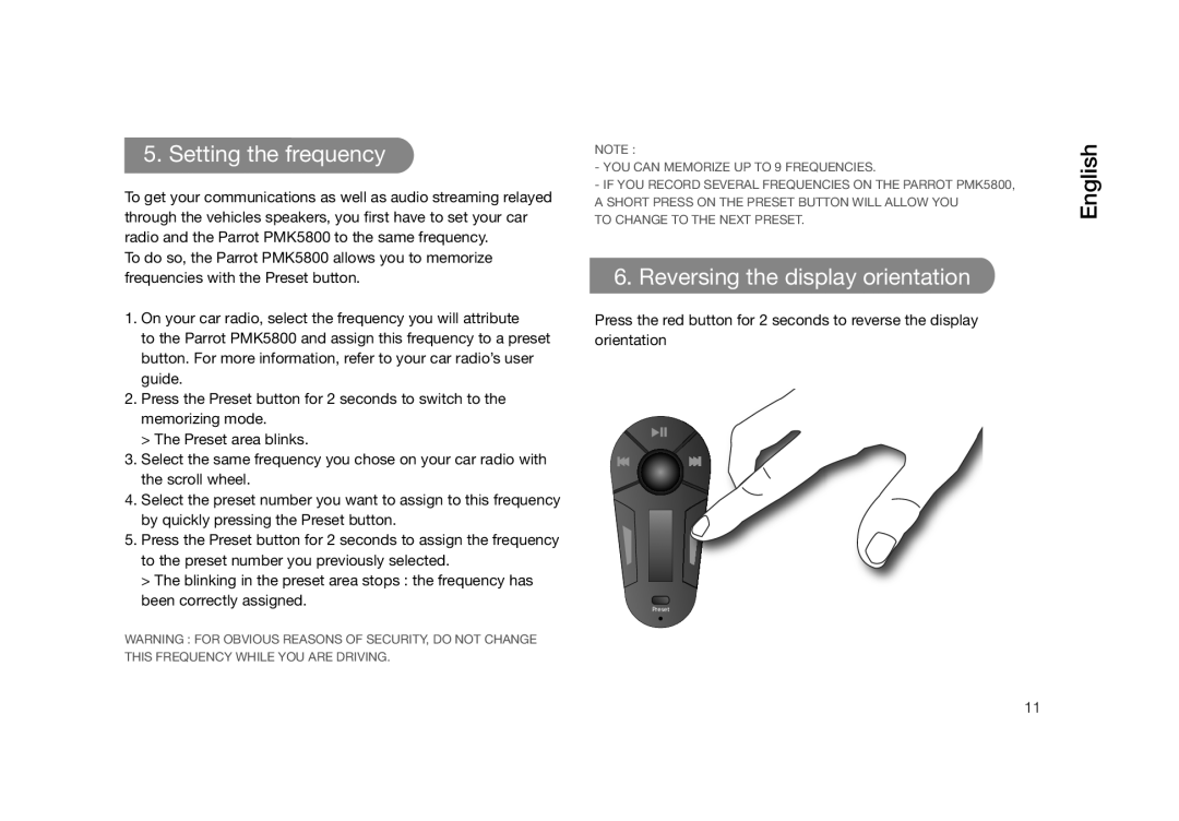 Parrot PMK5800 user manual Setting the frequency, Reversing the display orientation 